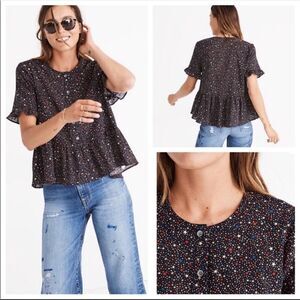 MADEWELL | Starry Night Button Up Ruffle Peplum Black Top Women’s Size Small